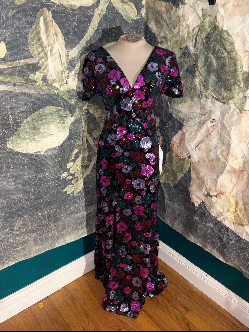 Dress The Population Sequin Floral V-Neck Evening Gown in Black and Jewel Tones